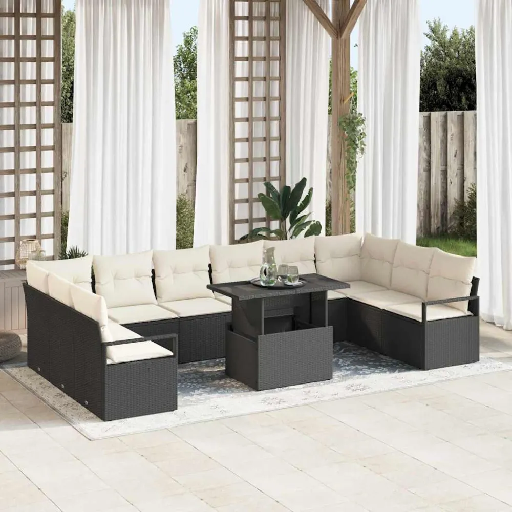 Tuin Sofa Set met kussen 11 pcs Zwart en crème poly rattan vidaXL