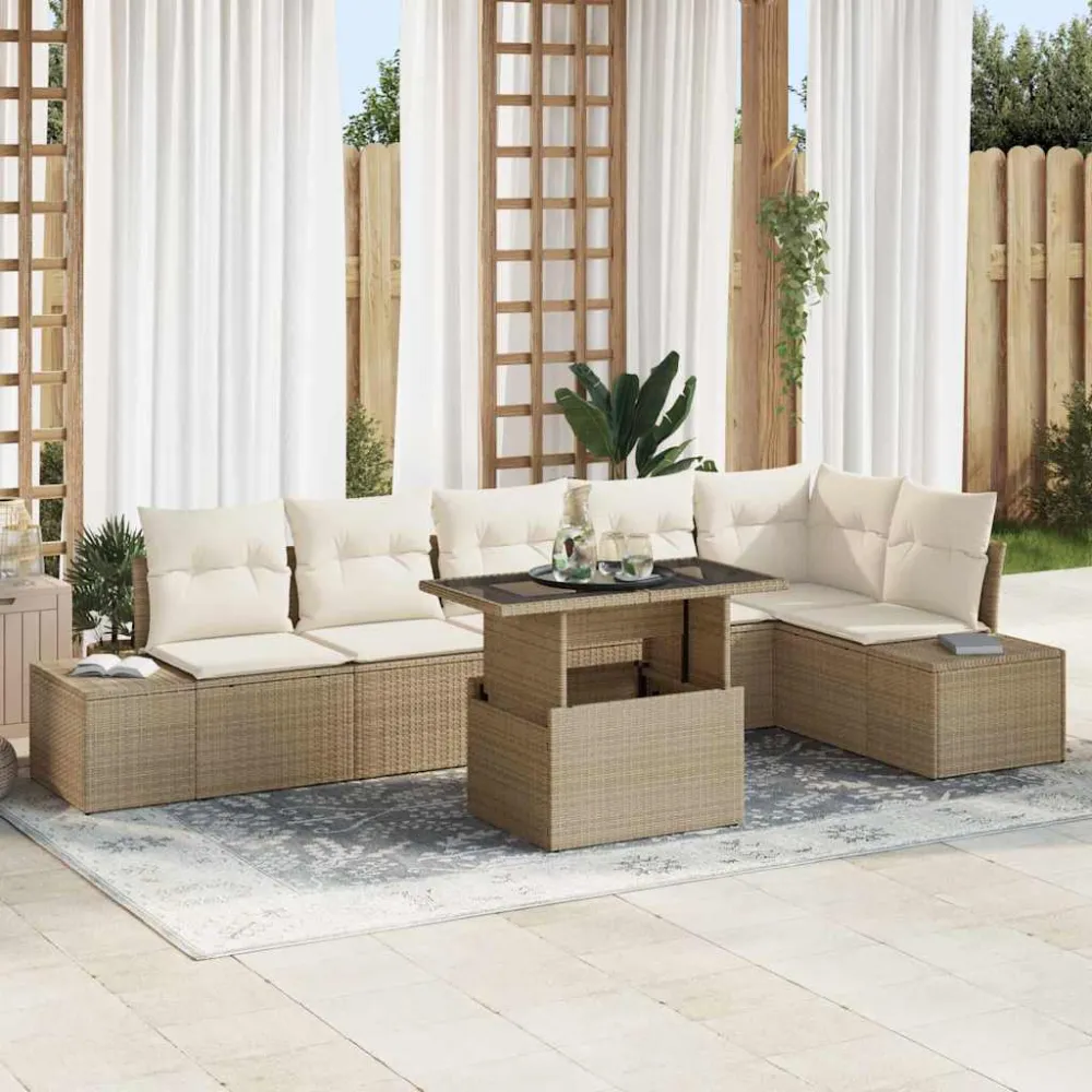 Tuin Sofa Set met kussen 7 pcs Beige en Crème poly rattan vidaXL