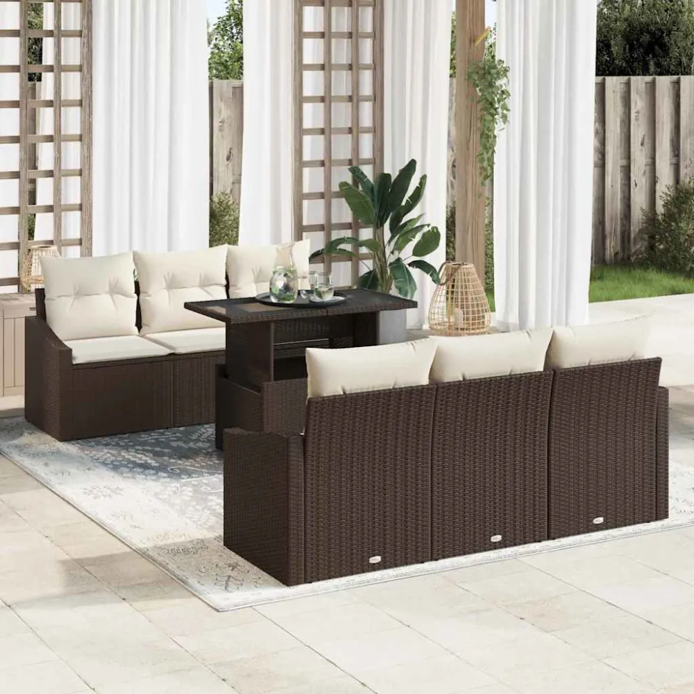 Tuin Sofa Set met kussen 7 pcs Bruin en Crème poly rattan vidaXL