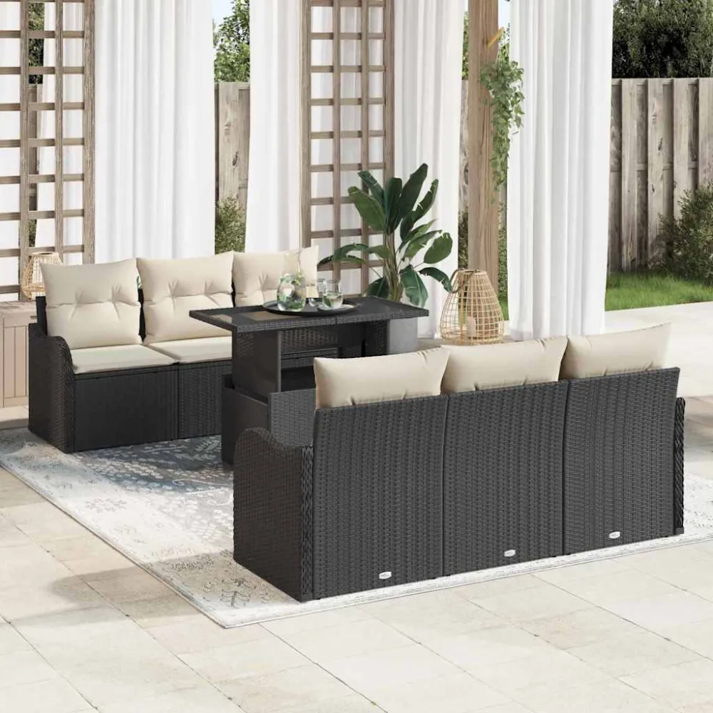 Tuin Sofa Set met kussen 7 pcs Zwart Poly riet vidaXL
