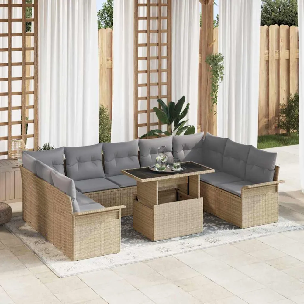 Tuin Sofa Set met kussen 10 pcs Beige Poly riet vidaXL