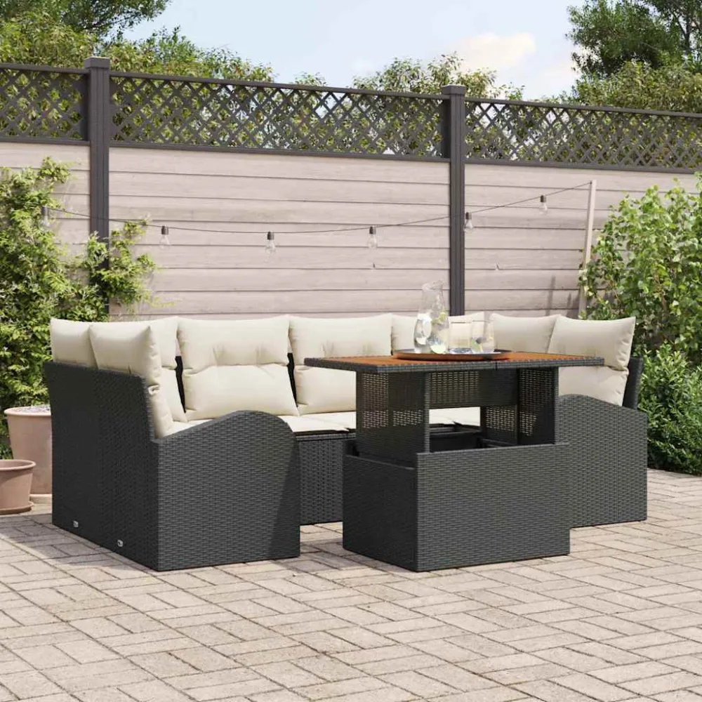 Tuin Sofa Set met kussen 7 pcs Zwart en crème vidaXL