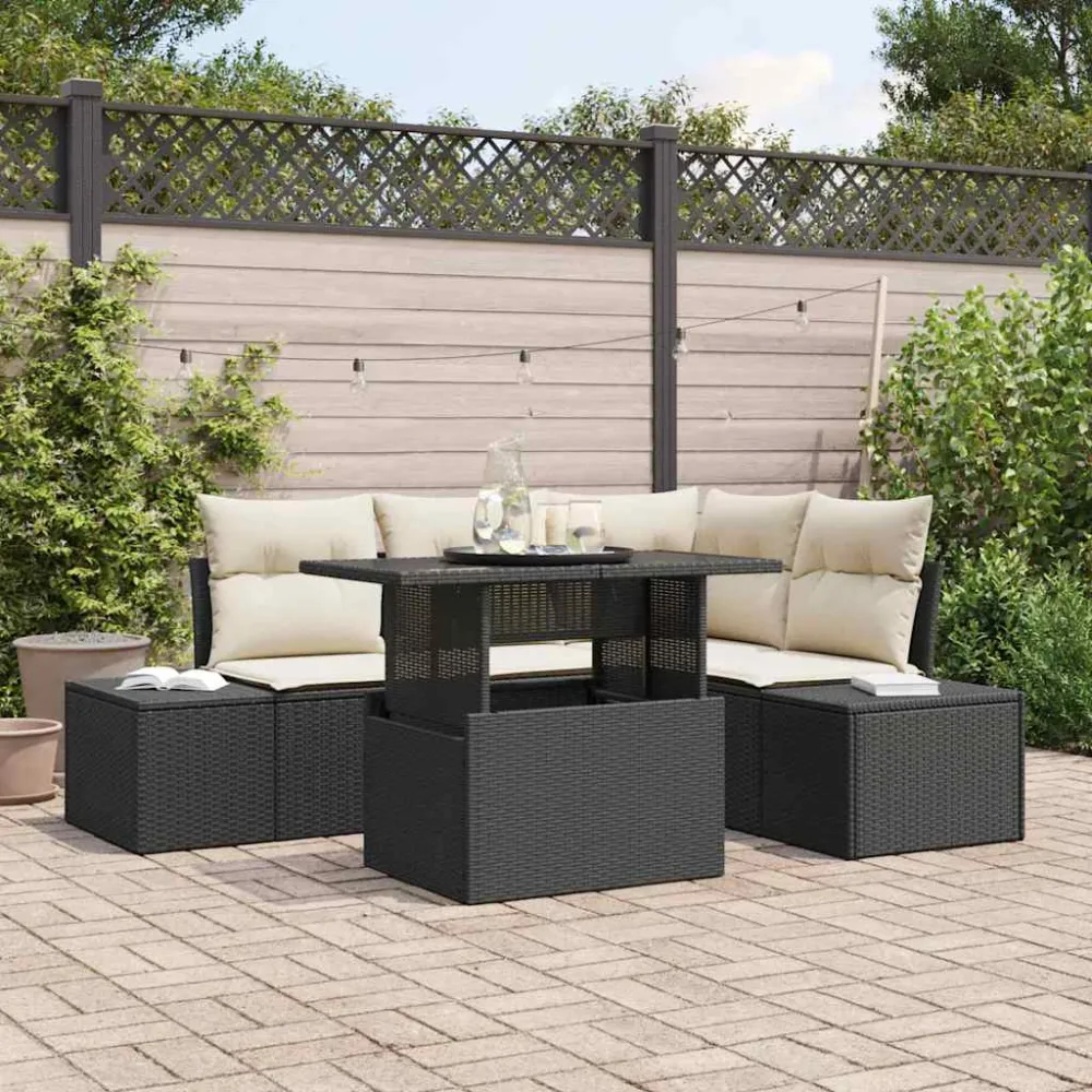 Tuin Sofa Set met kussen 5 pcs Zwart en Crème poly rattan vidaXL