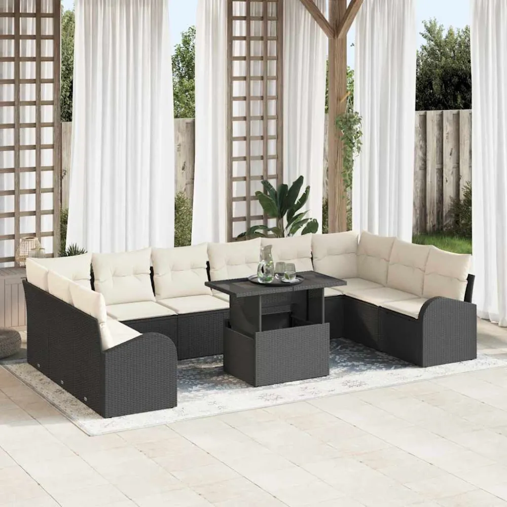 Tuin Sofa Set met kussen 11 pcs Zwart en crème poly rattan vidaXL