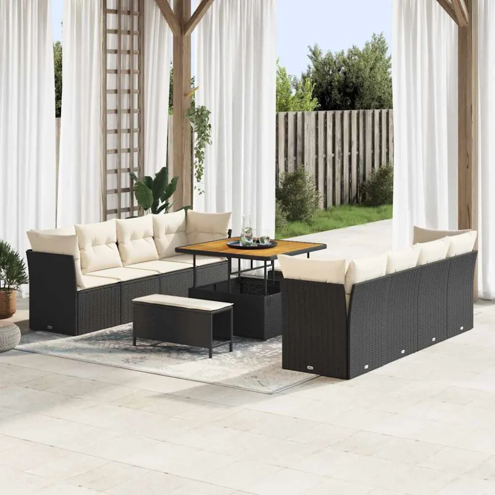 Tuin Sofa Set met kussen 11 pcs Zwart en Crème poly rattan vidaXL