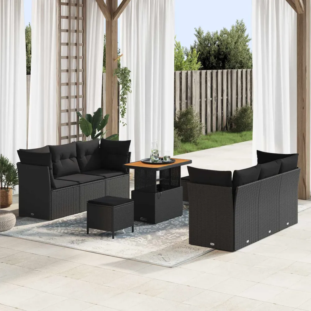 Tuin Sofa Set met kussen 9 pcs Zwart poly rattan vidaXL