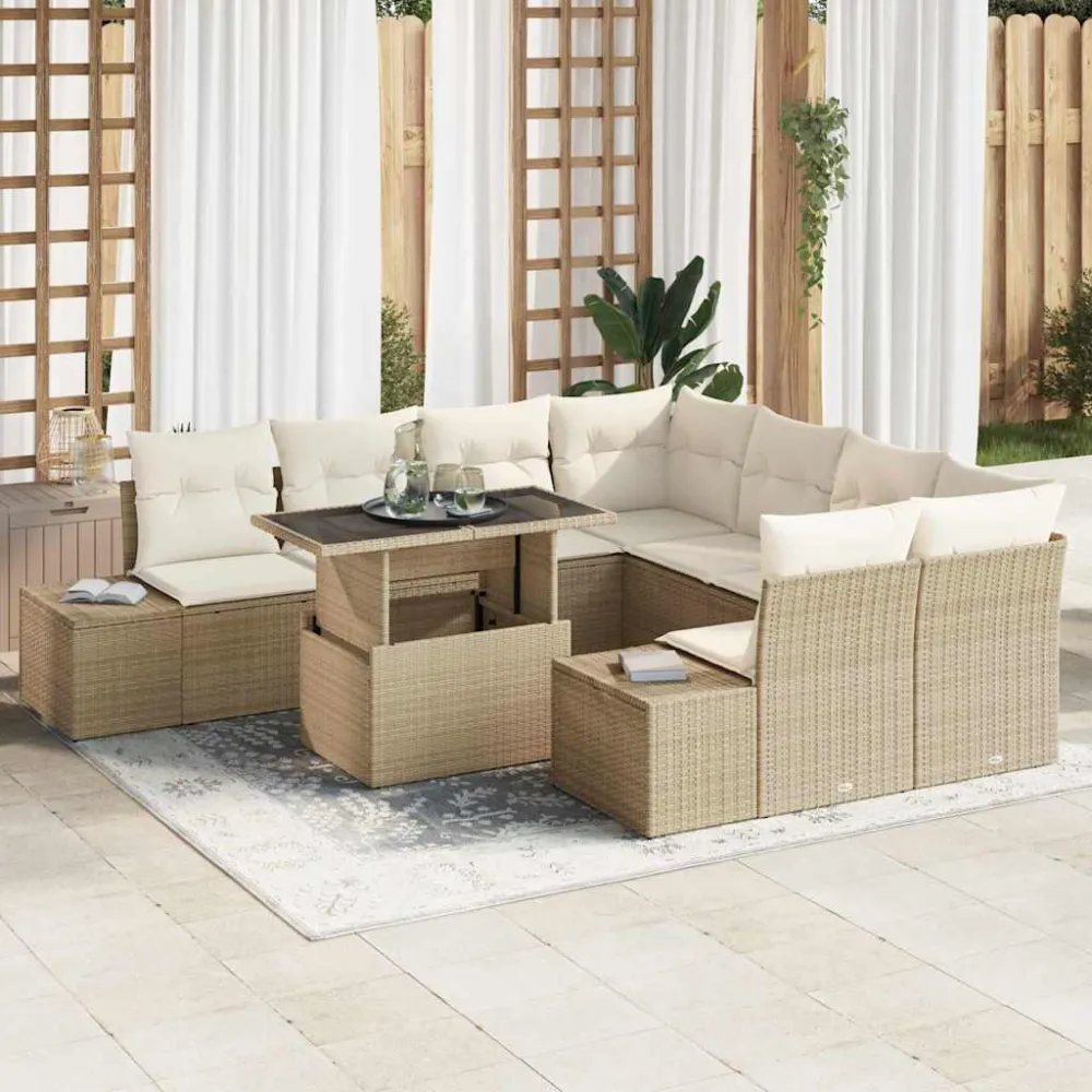Tuin Sofa Set met kussen 9 pcs Beige en Crème poly rattan vidaXL