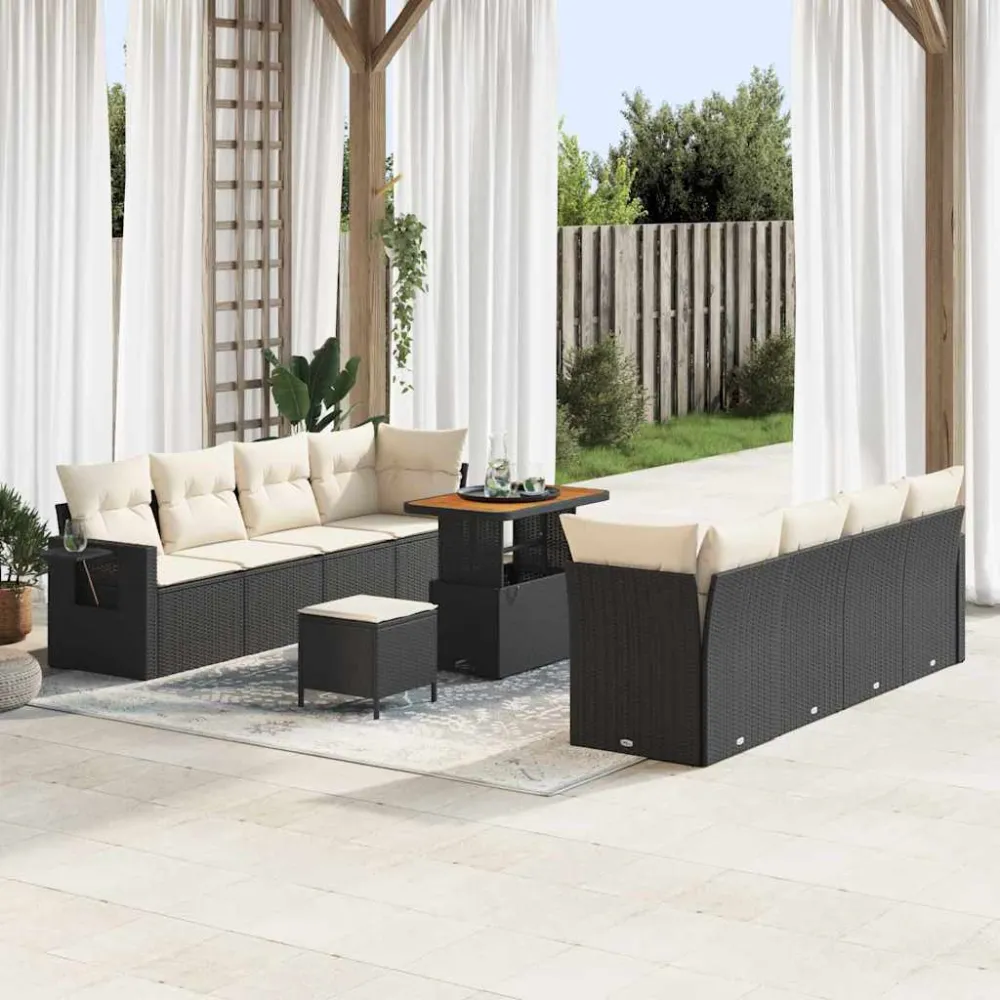 Tuin Sofa Set met kussen 11 pcs Zwart en Crème poly rattan vidaXL
