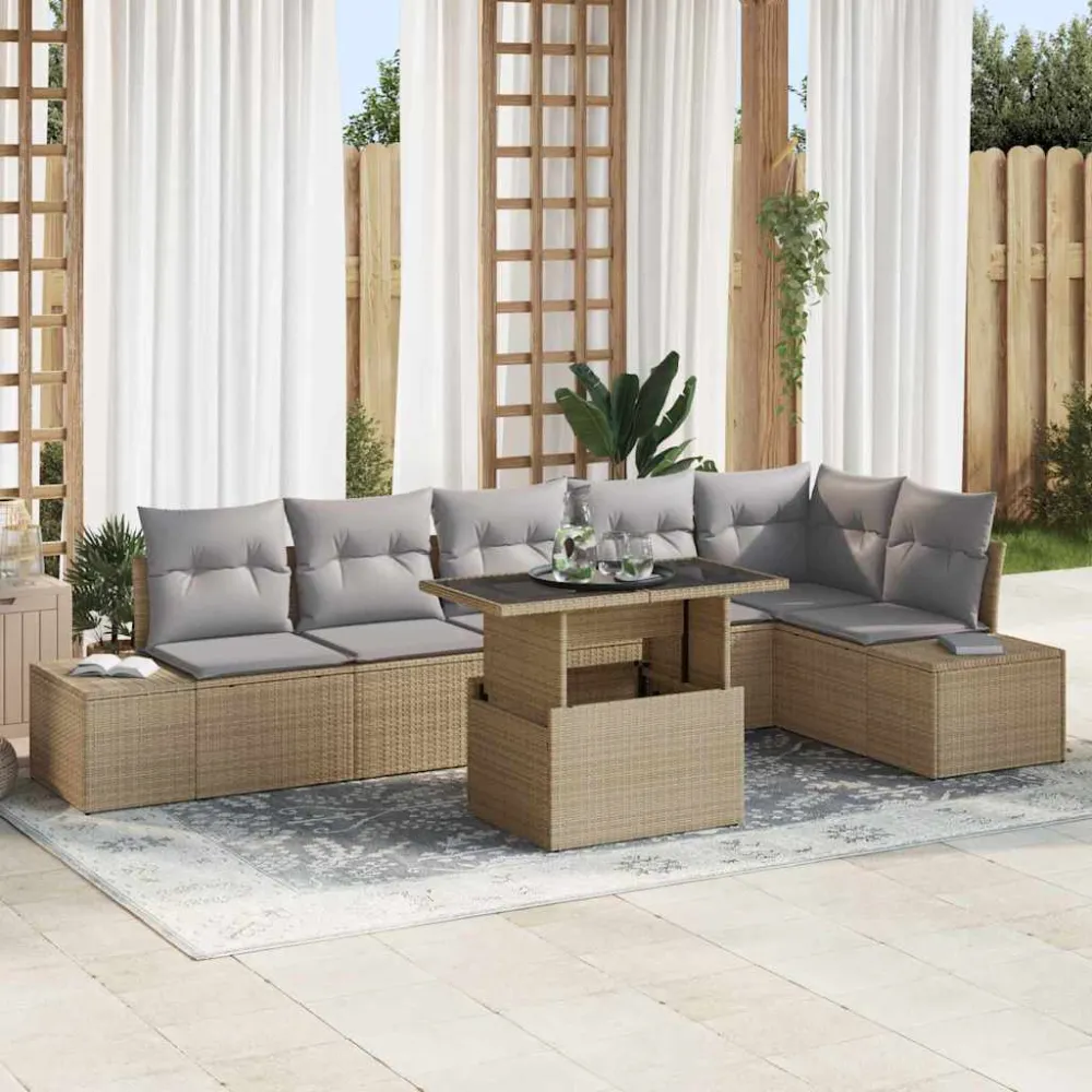 Tuin Sofa Set met kussen 7 pcs Beige en Licht Grijs poly rattan vidaXL