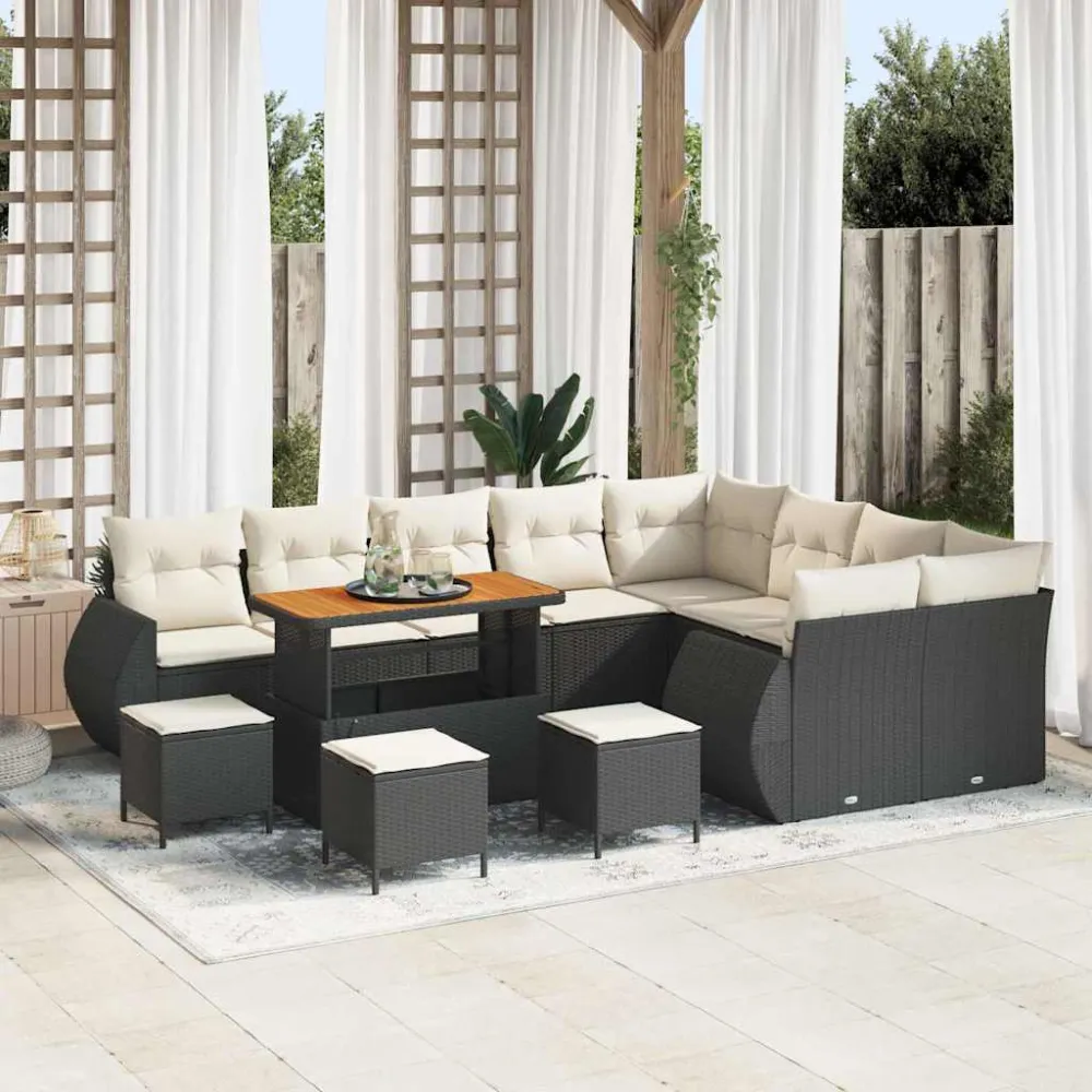 Tuin Sofa Set met kussen 13 pcs Zwart en Crème Poly Rattan vidaXL