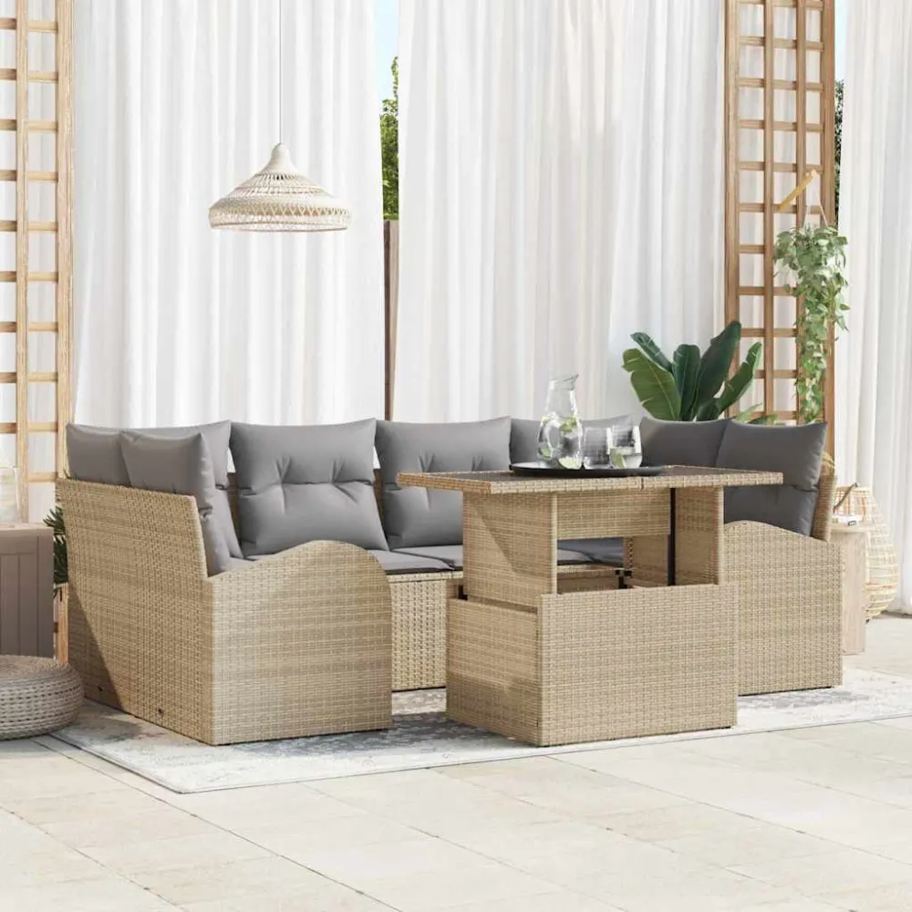 Tuin Sofa Set met kussen 7 pcs Beige Poly riet vidaXL