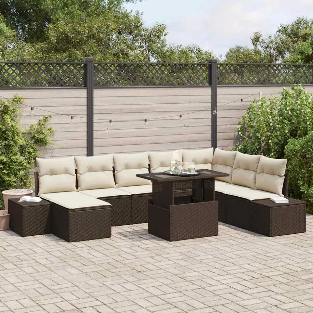 Tuin Sofa Set met kussen 9 pcs Bruin en Crème poly rattan vidaXL