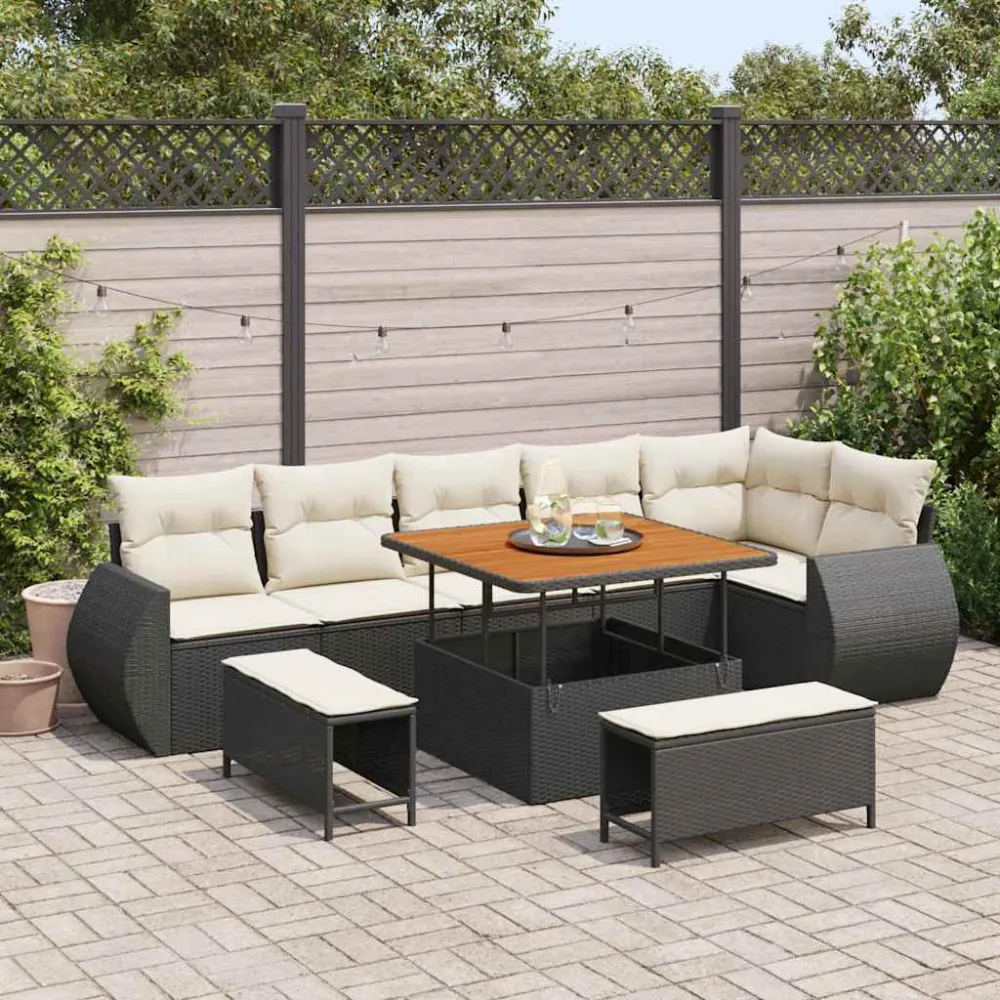 Tuin Sofa Set met kussen 9 pcs Zwart en Crème Poly Rattan vidaXL