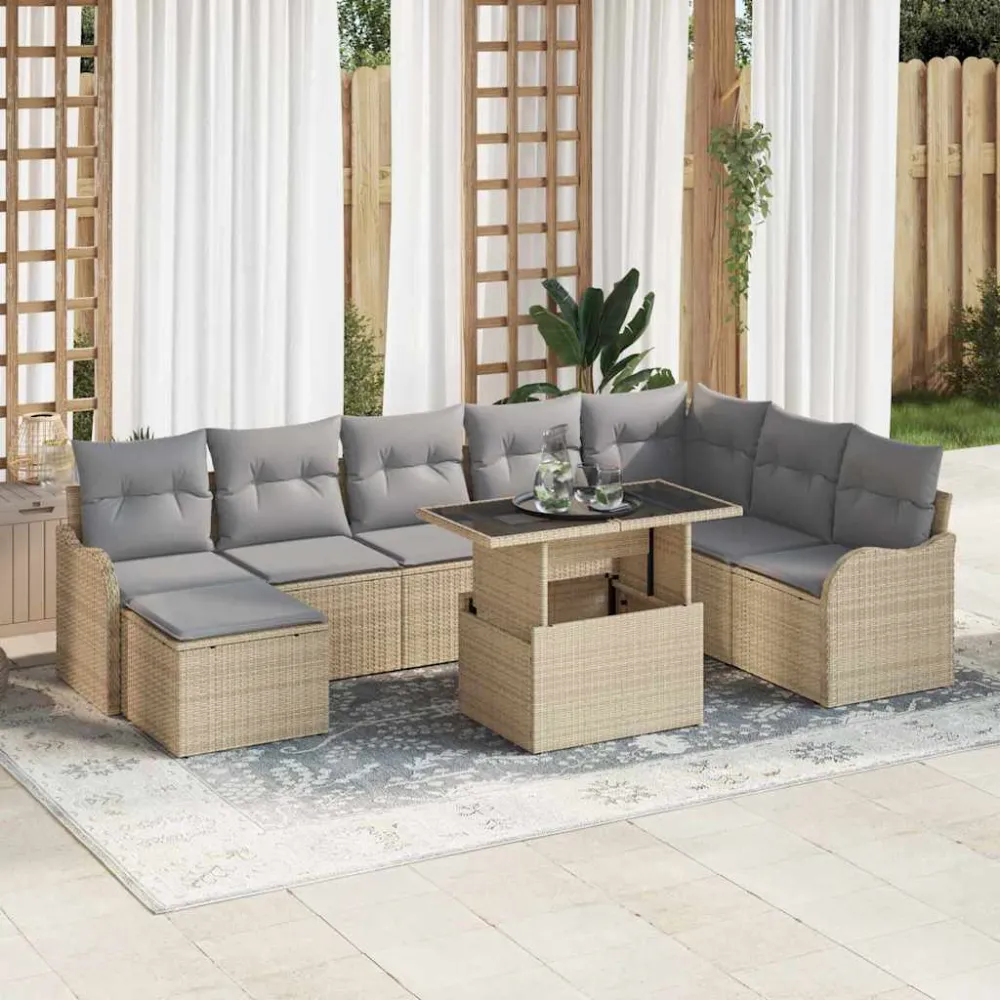 Tuin Sofa Set met kussen 9 pcs Beige Poly riet vidaXL