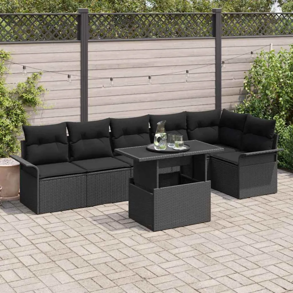Tuin Sofa Set met kussen 7 pcs Zwart Poly riet vidaXL