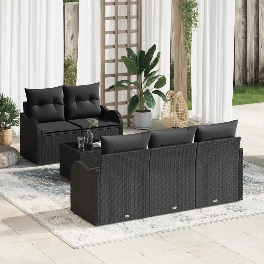 Tuin Sofa Set met kussen 6 pcs Zwart Poly rattan, staal en glas vidaXL