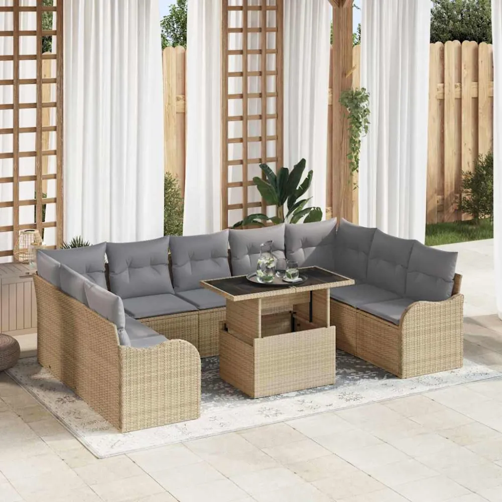 Tuin Sofa Set met kussen 10 pcs Beige Poly riet vidaXL