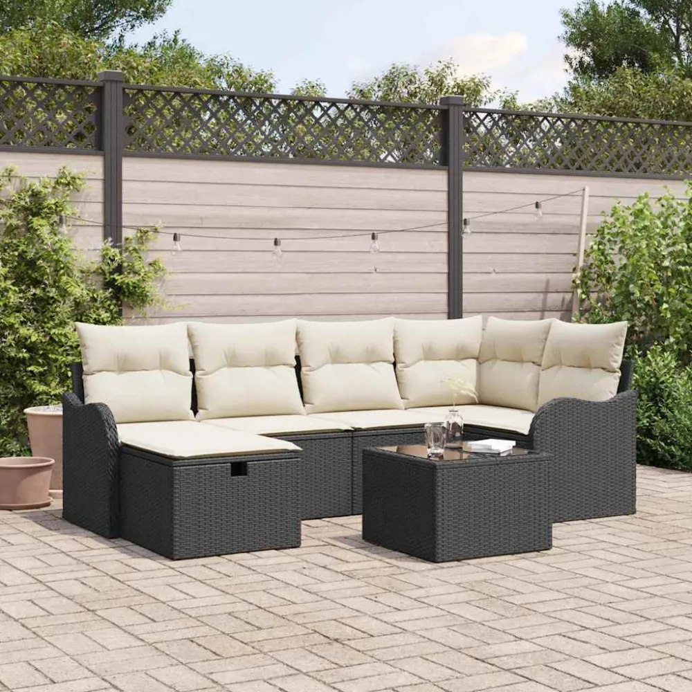 Tuin Sofa Set met kussen 7 pcs Zwart en crème Poly riet vidaXL
