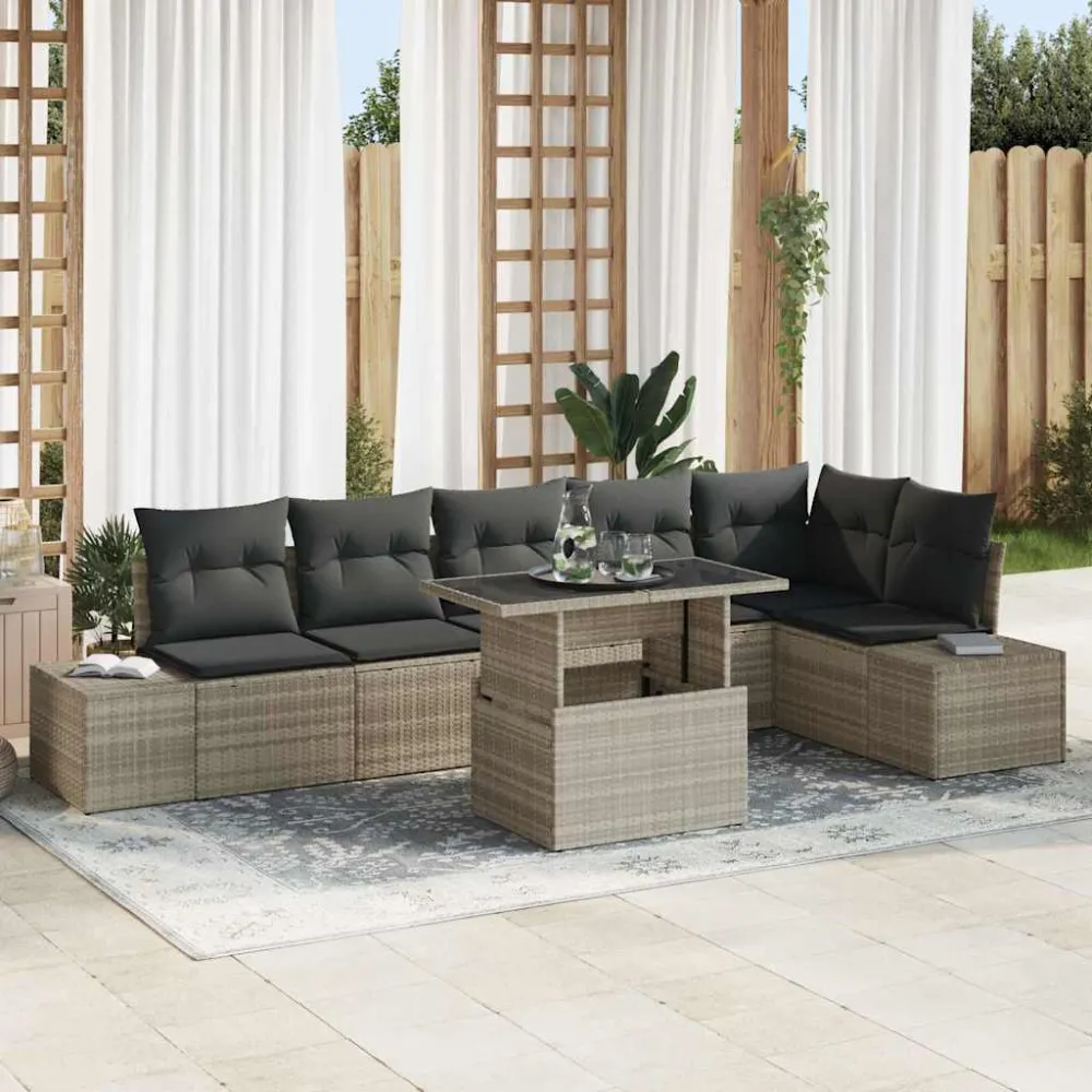 Tuin Sofa Set met kussen 7 pcs Lichtgrijs poly rattan vidaXL