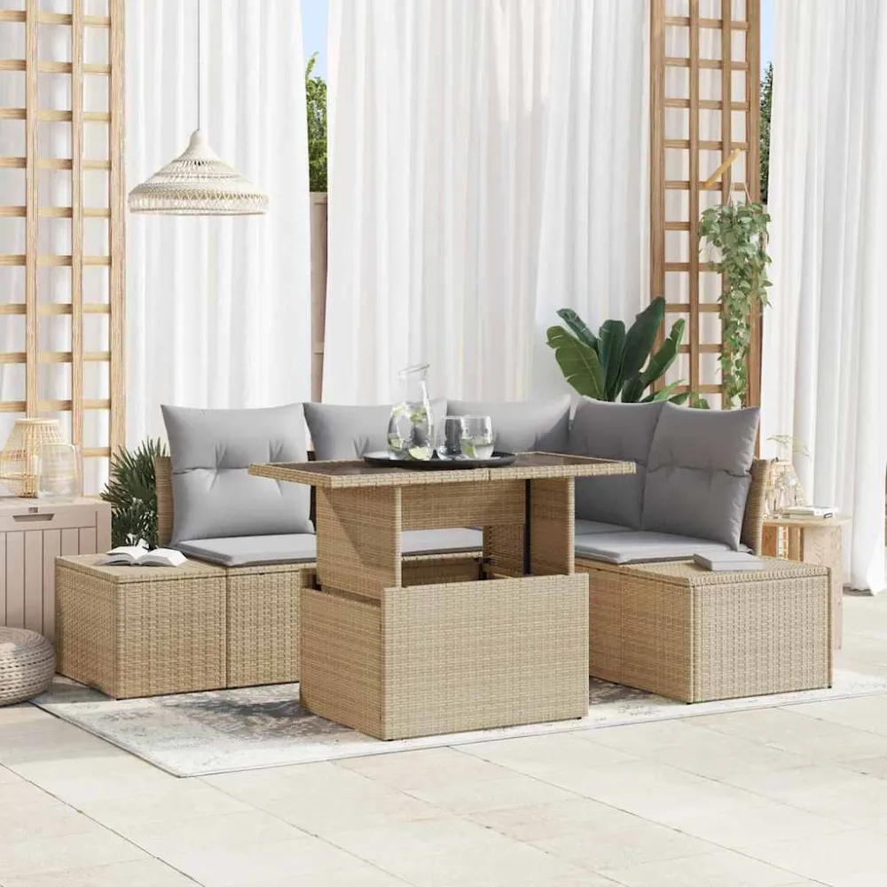 Tuin Sofa Set met kussen 5 pcs Beige en Licht Grijs poly rattan vidaXL
