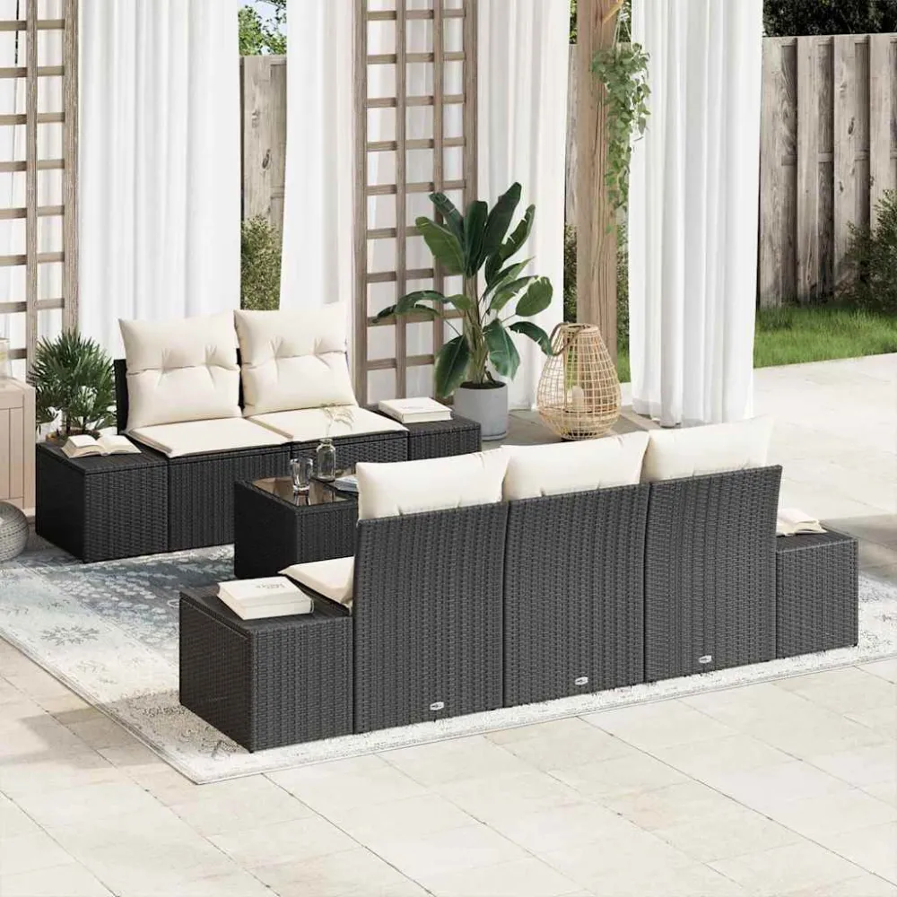 Tuin Sofa Set met kussen 6 pcs Zwart en Crème poly rattan vidaXL