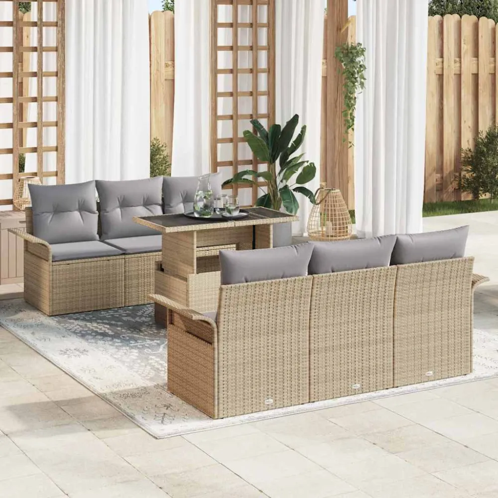 Tuin Sofa Set met kussen 7 pcs Beige poly rattan vidaXL