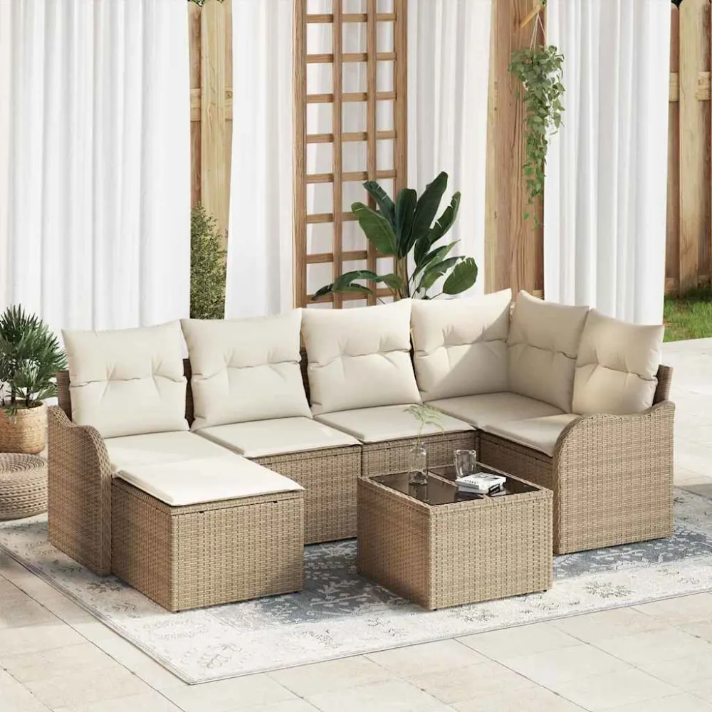 Tuin Sofa Set met kussen 7 pcs Beige en wit Poly riet vidaXL