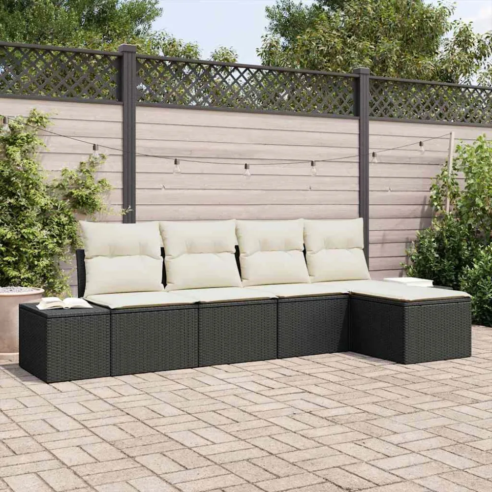 Tuin Sofa Set met kussen 5 pcs Zwart en Crème poly rattan vidaXL