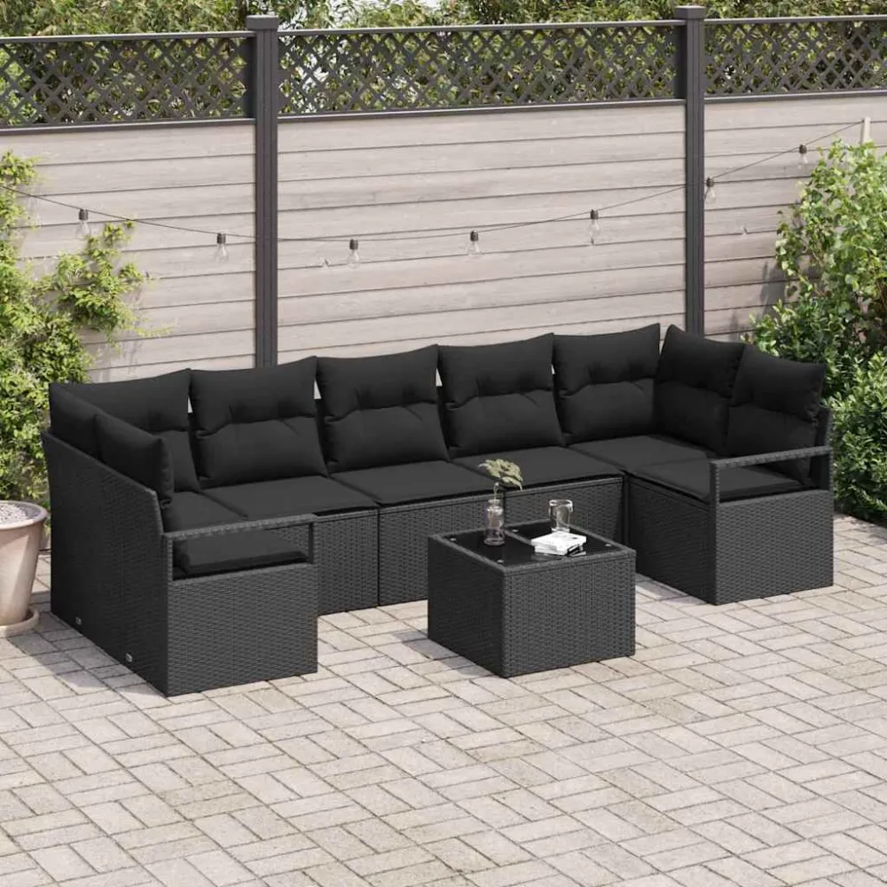 Tuin Sofa Set met kussen 8 pcs Zwart Poly rattan, staal en glas vidaXL
