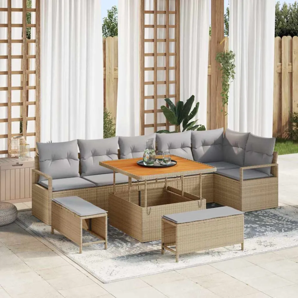 Tuin Sofa Set met kussen 9 pcs Beige Poly riet vidaXL