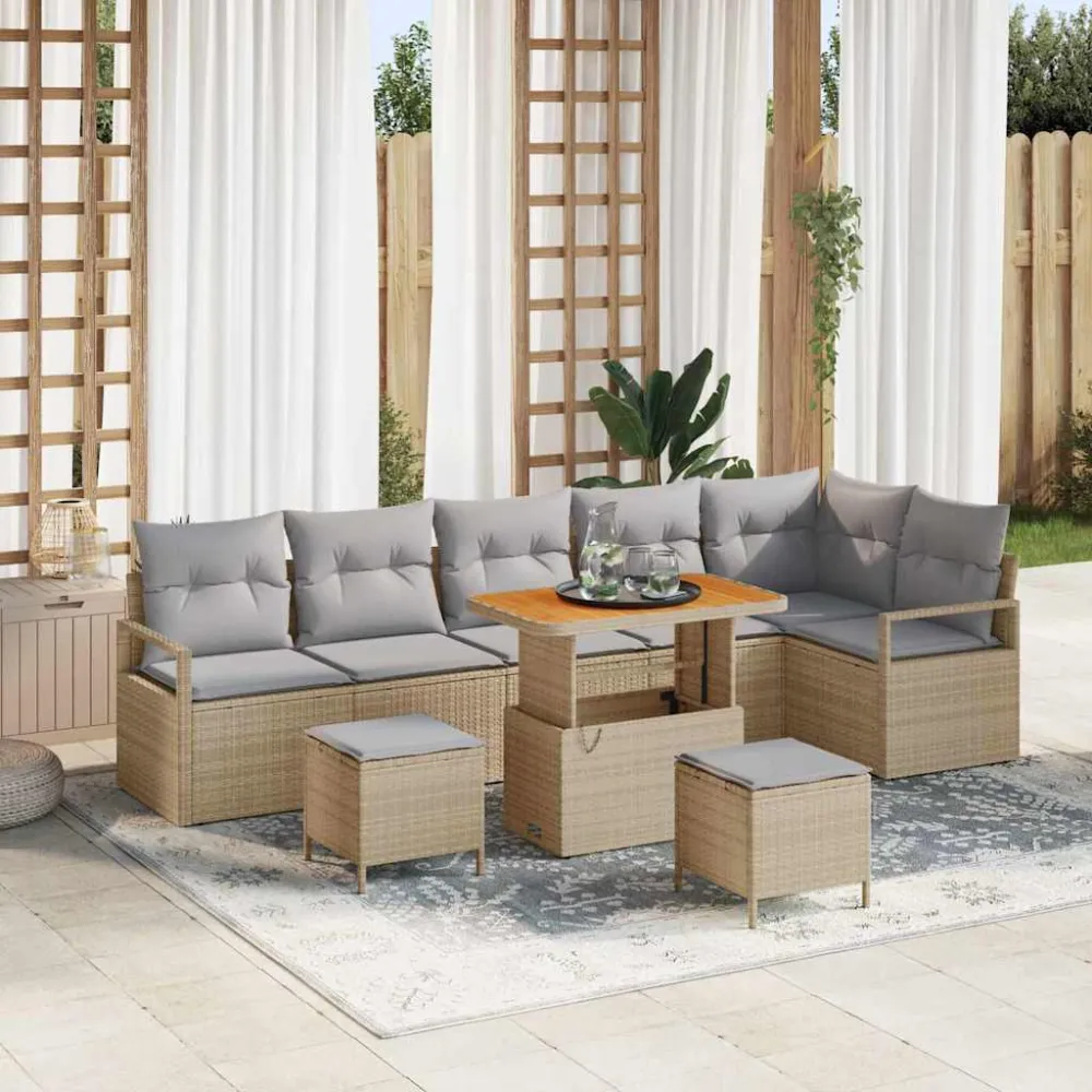 Tuin Sofa Set met kussen 9 pcs Beige Poly riet vidaXL