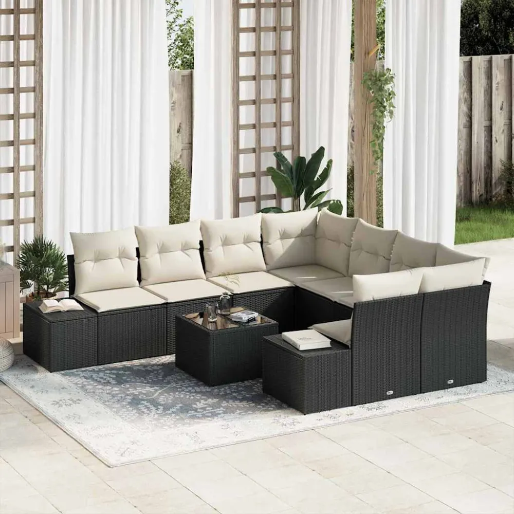 Tuin Sofa Set met kussen 9 pcs Zwart en Crème poly rattan vidaXL