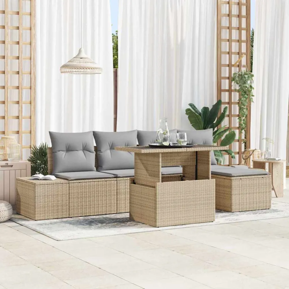 Tuin Sofa Set met opslag 6 pcs Beige Poly riet vidaXL