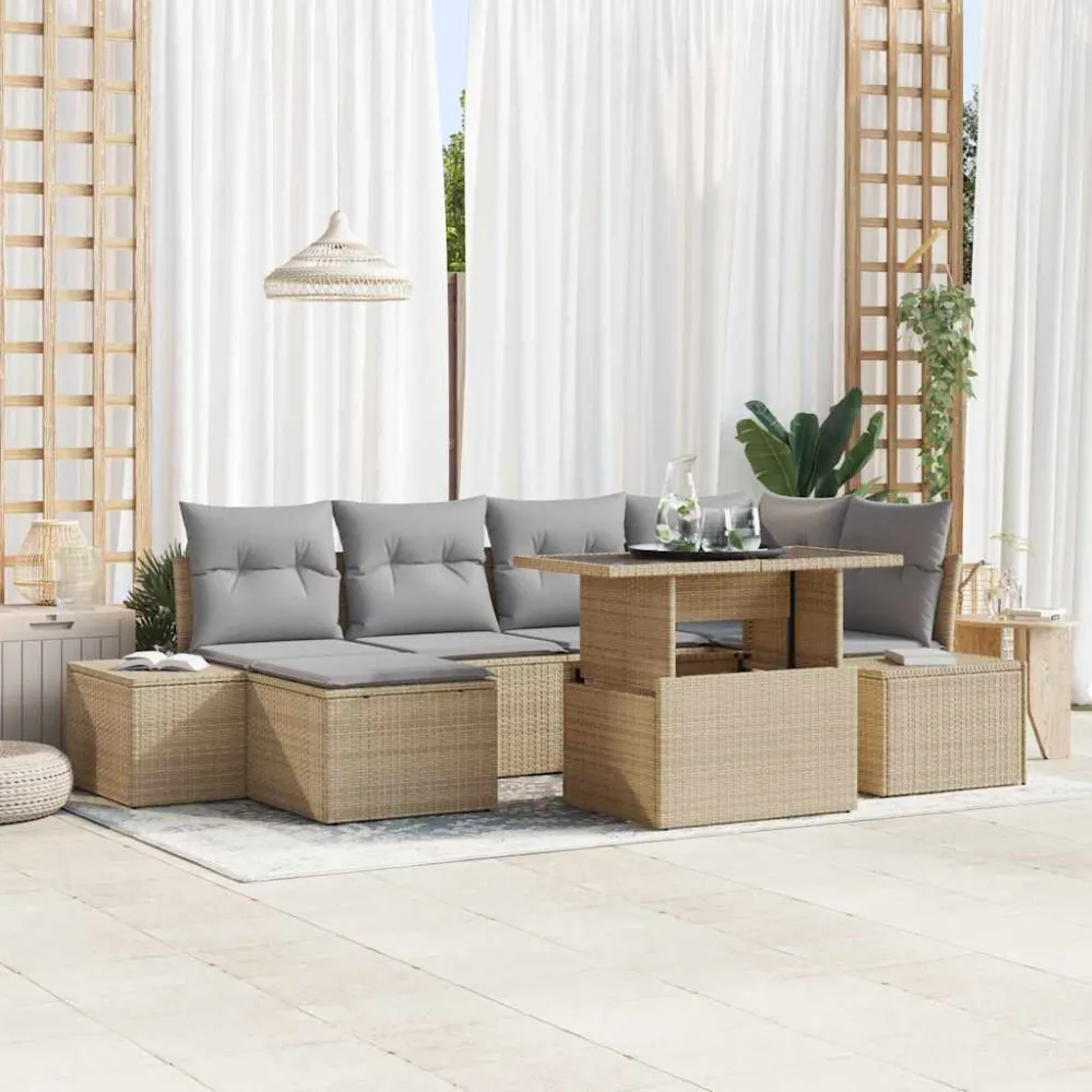 Tuin Sofa Set met opslag 7 pcs Beige Poly riet vidaXL
