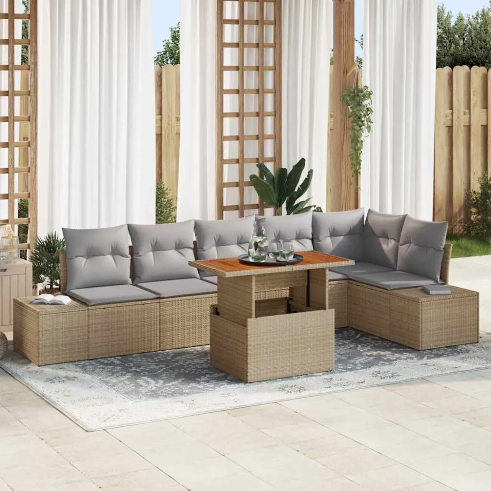 Tuin Sofa Set met opslag 7 pcs Beige Poly riet vidaXL