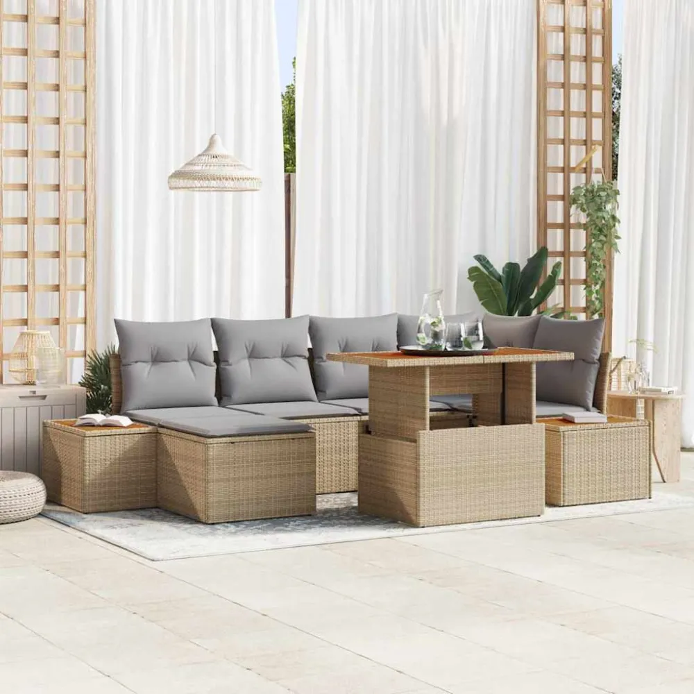 Tuin Sofa Set met opslag 7 pcs Beige Poly riet vidaXL