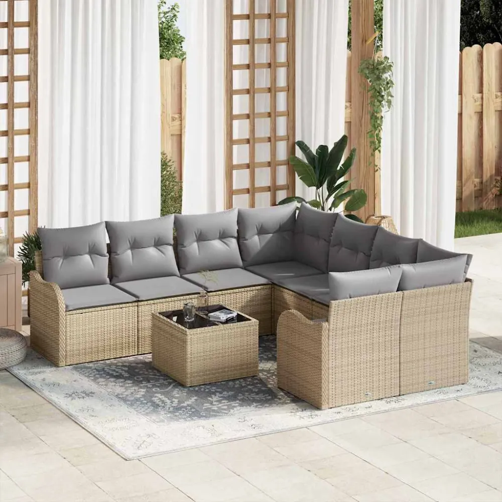 Tuin Sofa Set 9 pcs Beige en Grijs Poly Riet en Staal en Glas vidaXL
