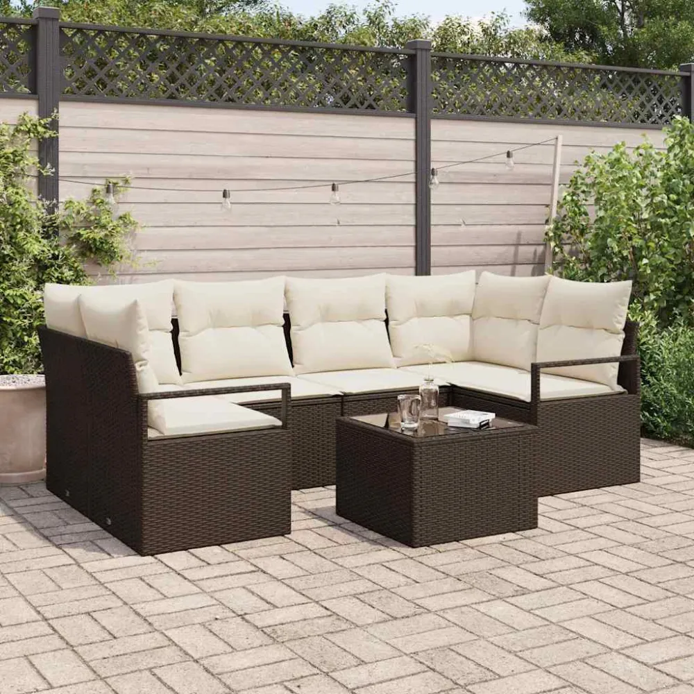Tuin Sofa Set 7 pcs Bruin en Crème Poly rattan, staal en glas vidaXL