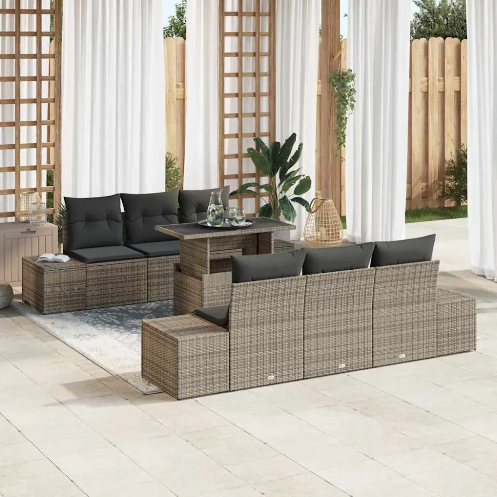 Tuin Sofa Set 7 pcs Grijs Poly Rattan en Poedergecoat Staal vidaXL