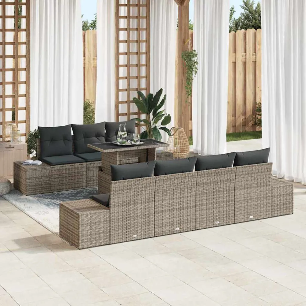Tuin Sofa Set 8 pcs Grijs Poly Rattan en Poedergecoat Staal vidaXL