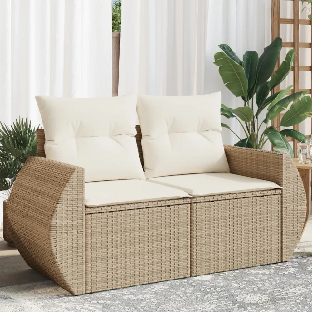 Tuinbank 2-zits met kussens poly rattan beige vidaXL