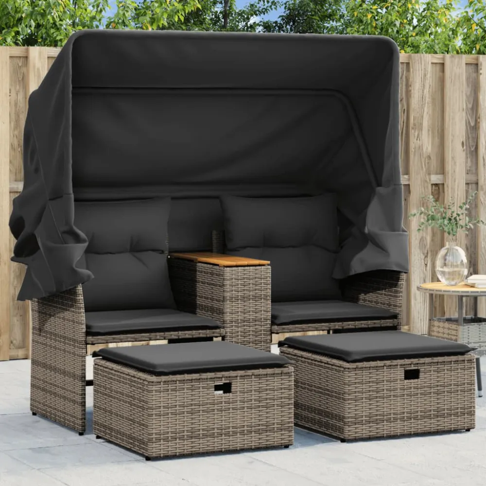Tuinbank 2-zits met luifel en voetenbanken poly rattan grijs vidaXL