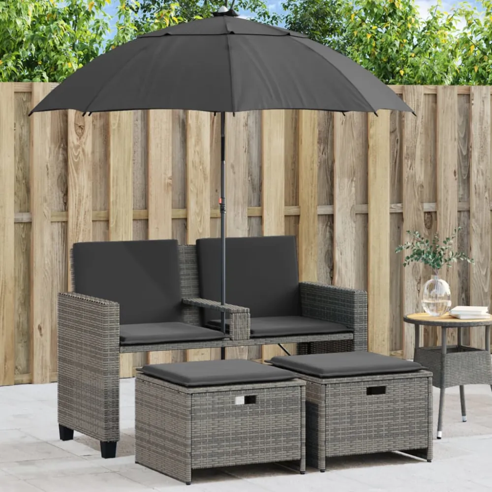 Tuinbank 2-zits met parasol en voetenbanken poly rattan grijs vidaXL