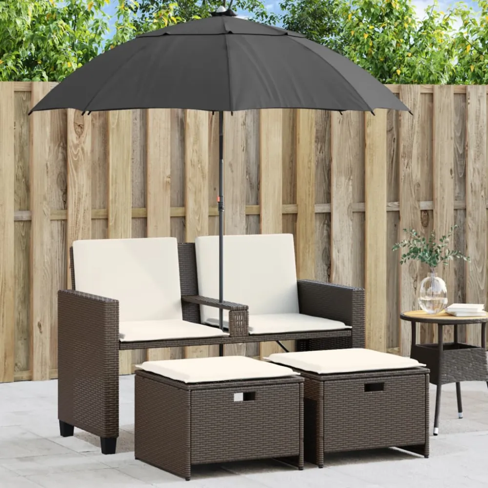 Tuinbank 2-zits met parasol en voetenbanken poly rattan bruin vidaXL