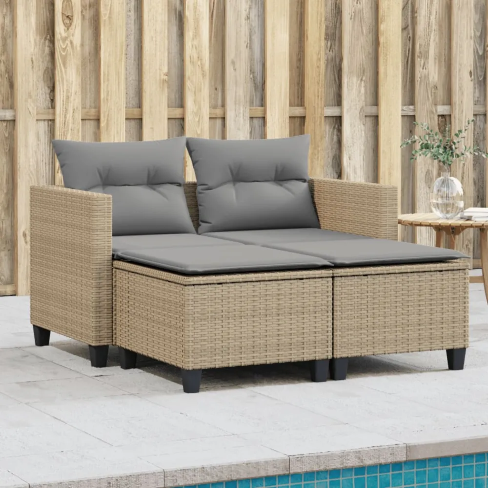 Tuinbank 2-zits met voetenbanken poly rattan beige vidaXL