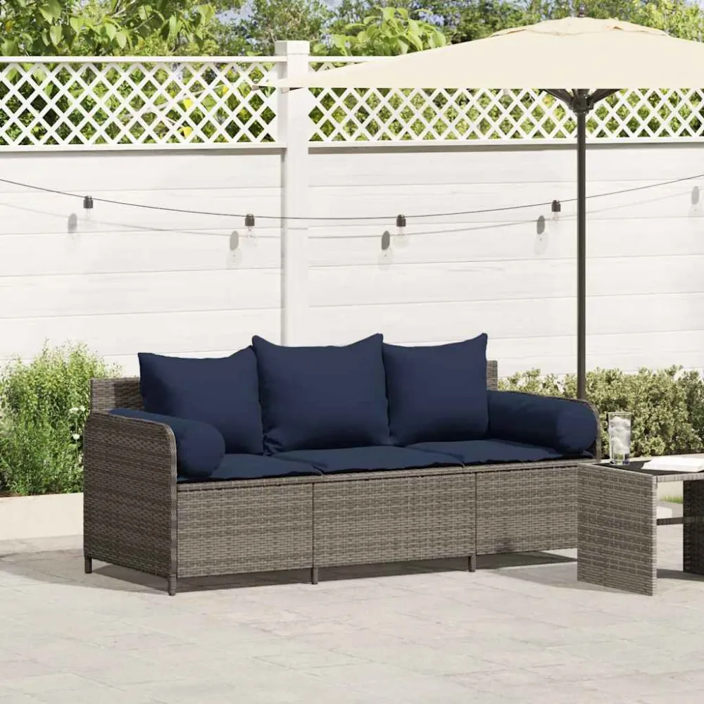 Tuinbank 3-zits met kussens poly rattan grijs vidaXL