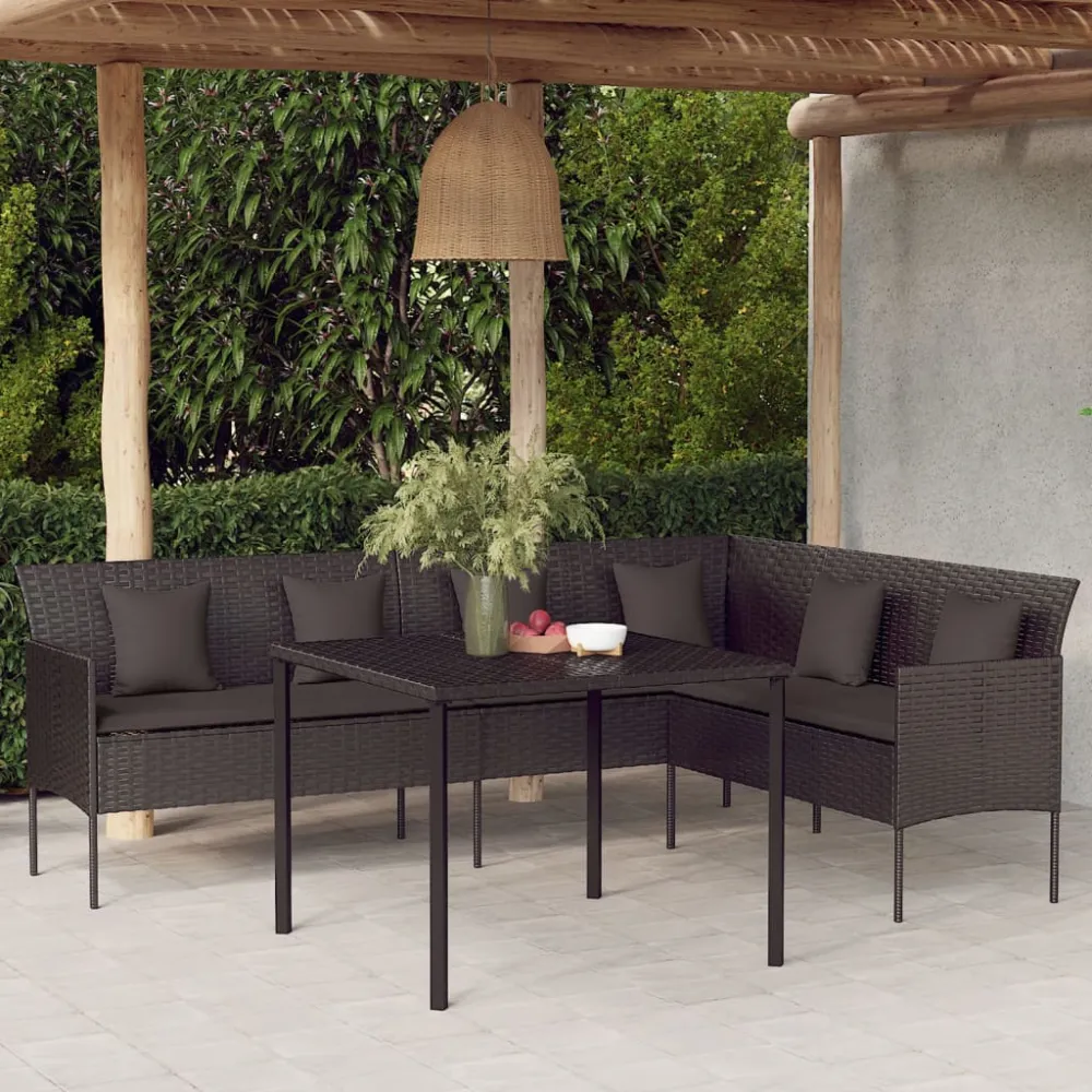 Tuinbank L-vormig met kussens poly rattan zwart vidaXL