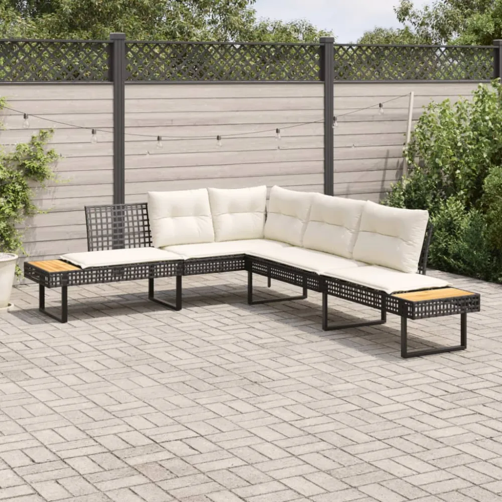 Tuinbank met kussens L-vormig poly rattan en acaciahout zwart vidaXL