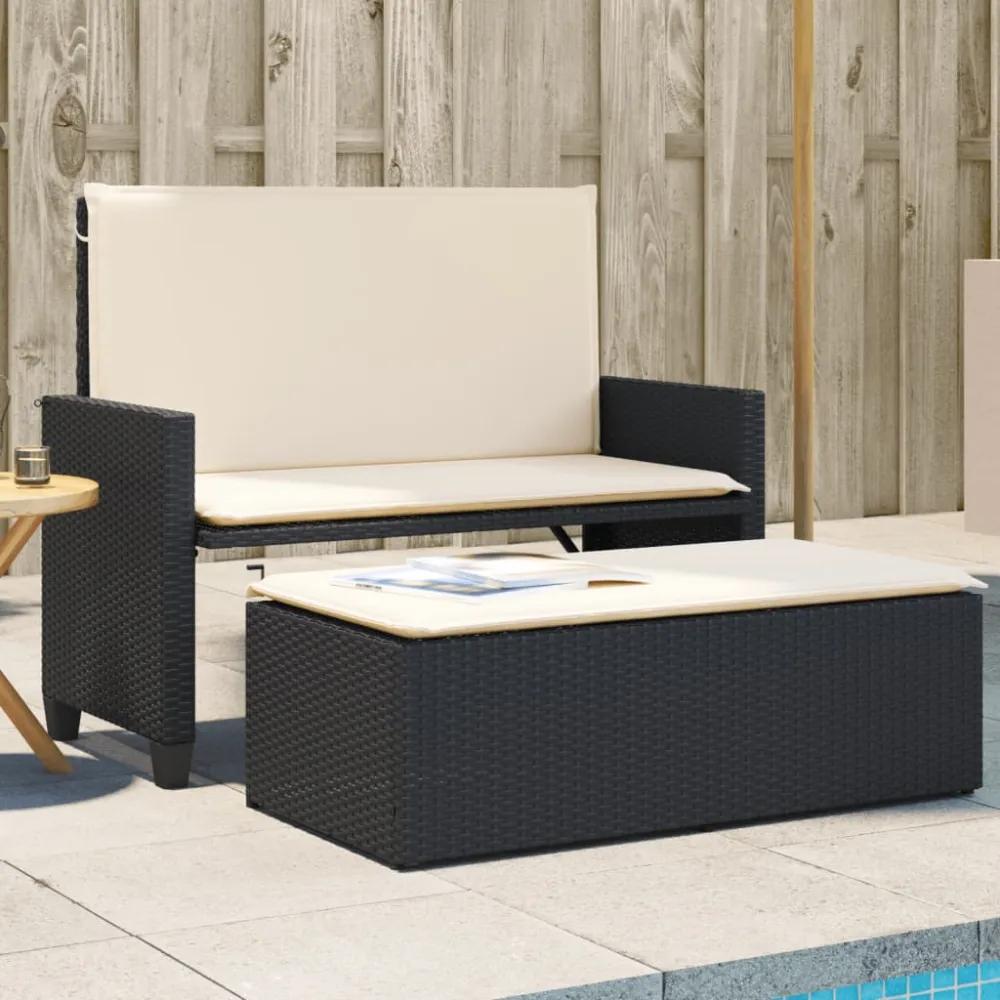 Tuinbank met kussens en voetenbank poly rattan zwart vidaXL