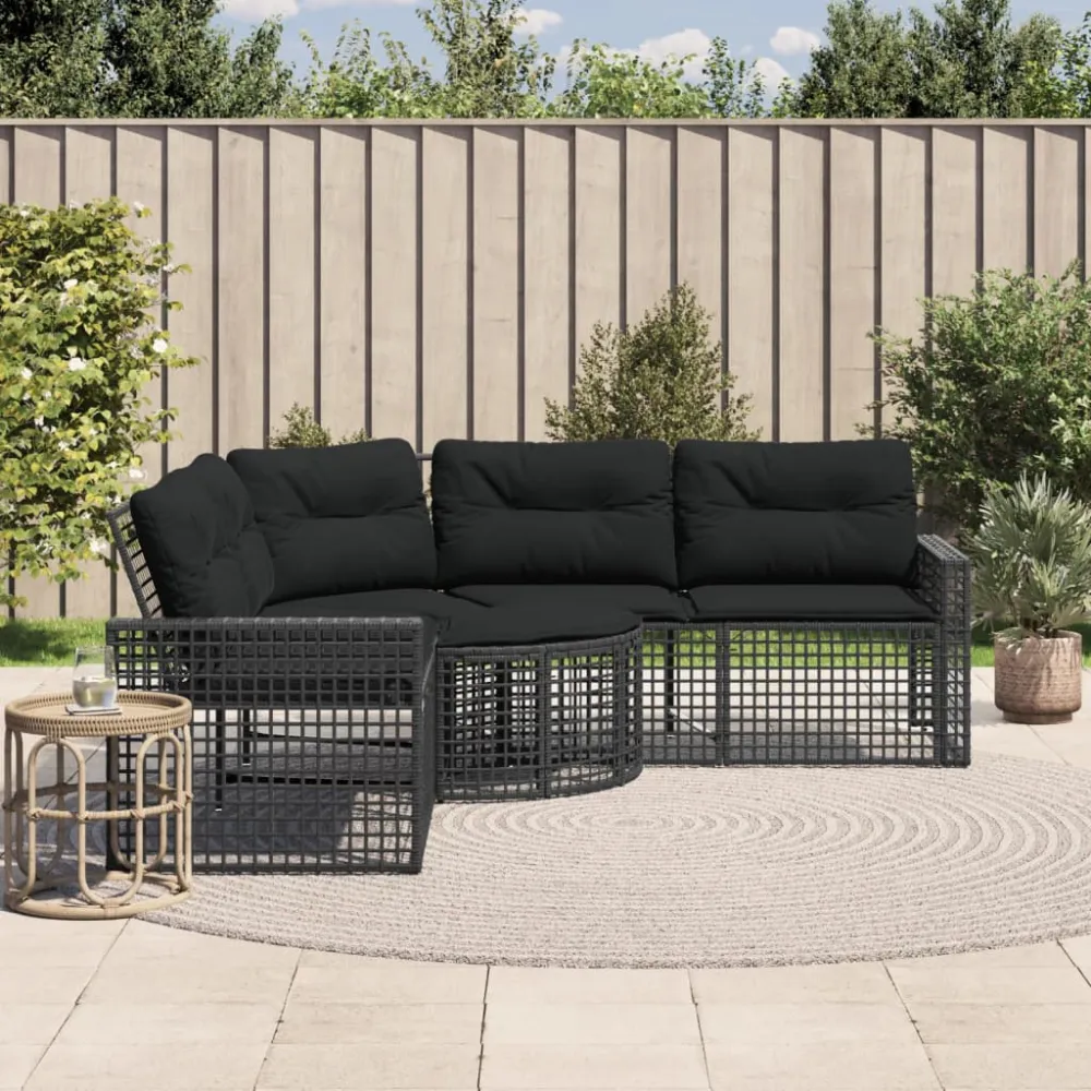 Tuinbank met kussens en voetensteun L-vormig poly rattan zwart vidaXL